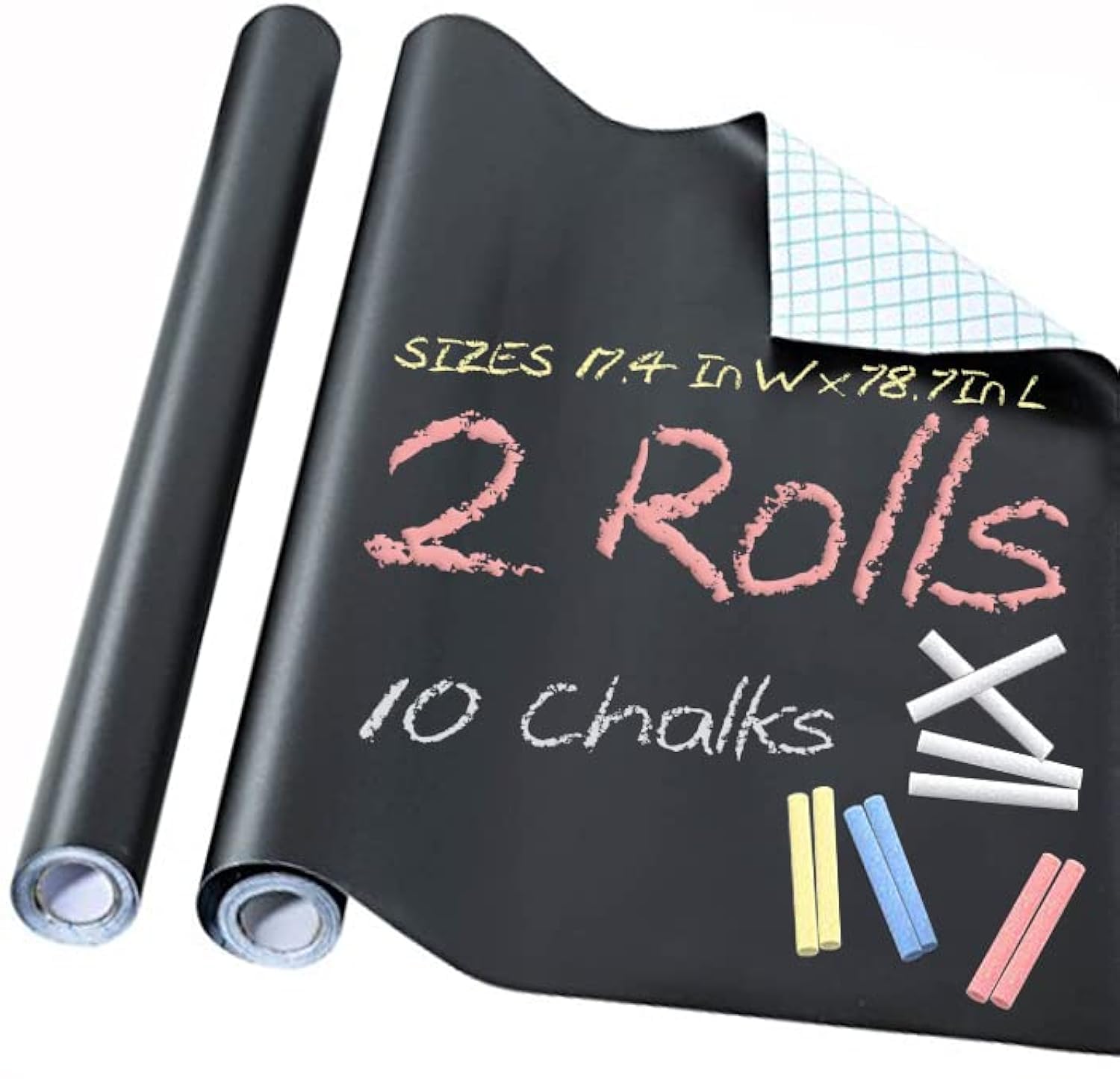 2 Roll Chalkboard Paper - Blackboard Vinyl Paper Removable Bulletin Wall Sticker, Free: 10 Colorful Chalks - 17.3" W x 78.7" L (Black)