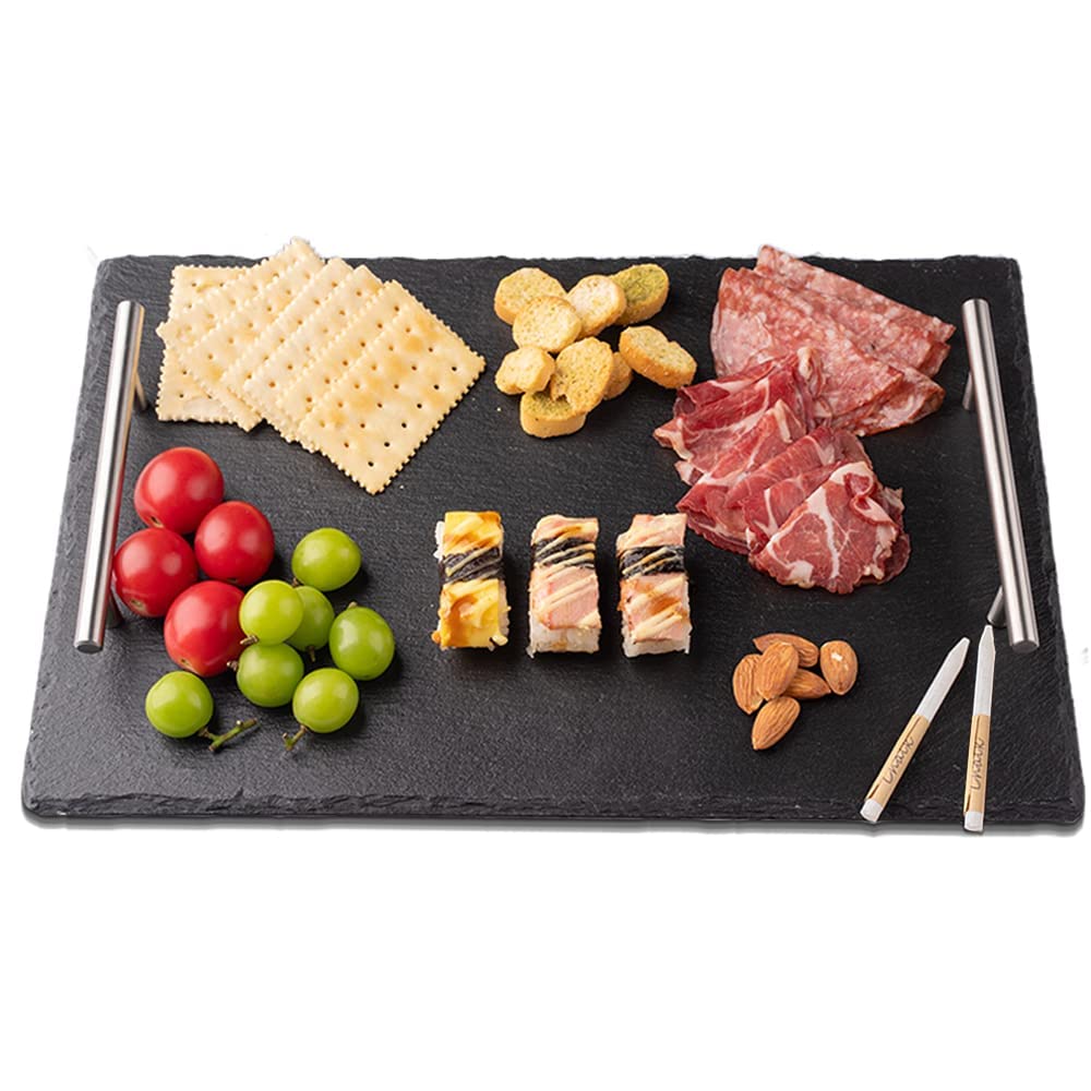 WLWNWFT Bandeja de pizarra con asas de 38 x 25 cm, con rotulador de tiza, ideal para servir, pizarra natural, gran bandeja para queso, salchichas