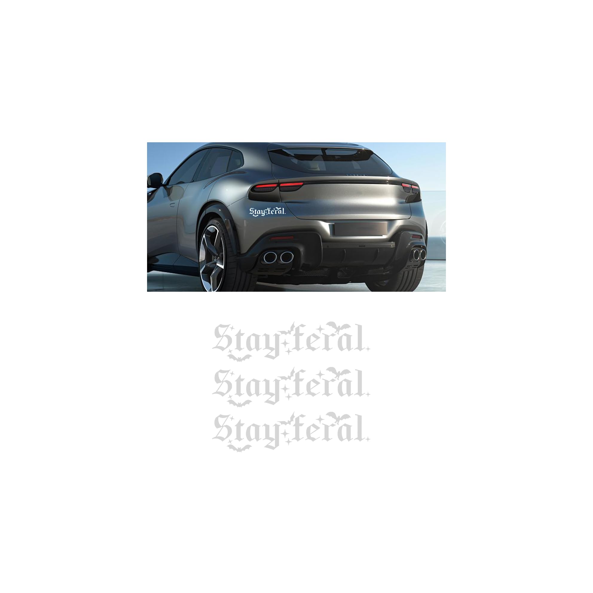 Sandfren Stay Feral Car Bumper Sticker, Gothic Style Waterproof Vehicle Decal with Bat Accents, Automotive Interior Window Decal Decor Accessories,