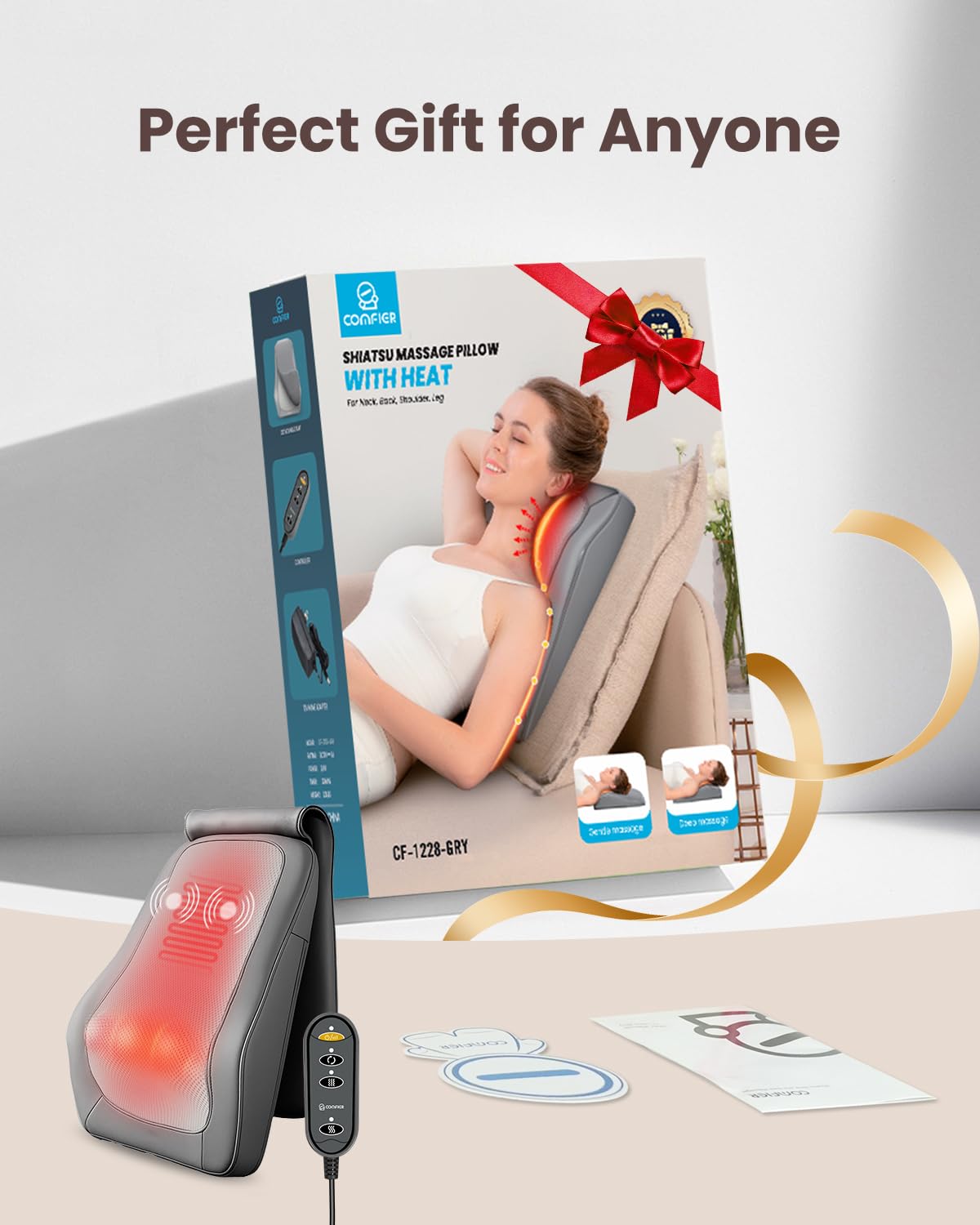 Comfier Masajeador Shiatsu, Masajeador Cervical y Espalda con Calor, Masajadora Shiatsu 4D Masajeador Cervical, Alivio del Dolor Muscular de Cuello, Espalda, Piernas, Regalos para Mujeres (Gris)