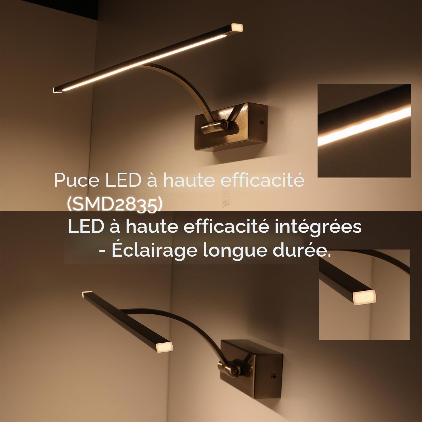 Alpinaluz Applique murale LED pour éclairage de tableaux, miroirs et meubles, 8 W, 455 mm, lumière chaude 2 700 K, angle réglable, acier avec finition bronze vieilli, driver KGP intégré