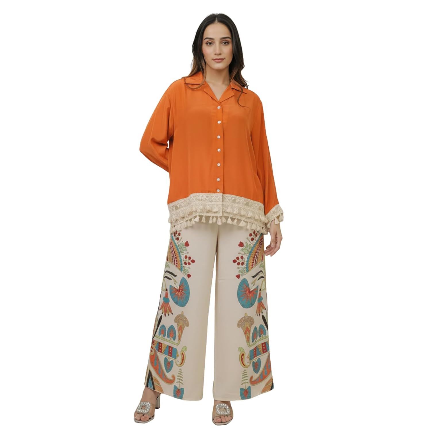 Women Shirt Style Kurti Palazzo Set with Button Front Lace Tassel Hem Detailing and Off White Printed Wide Leg Palazzo Pants for Wear 2026 cord-set
