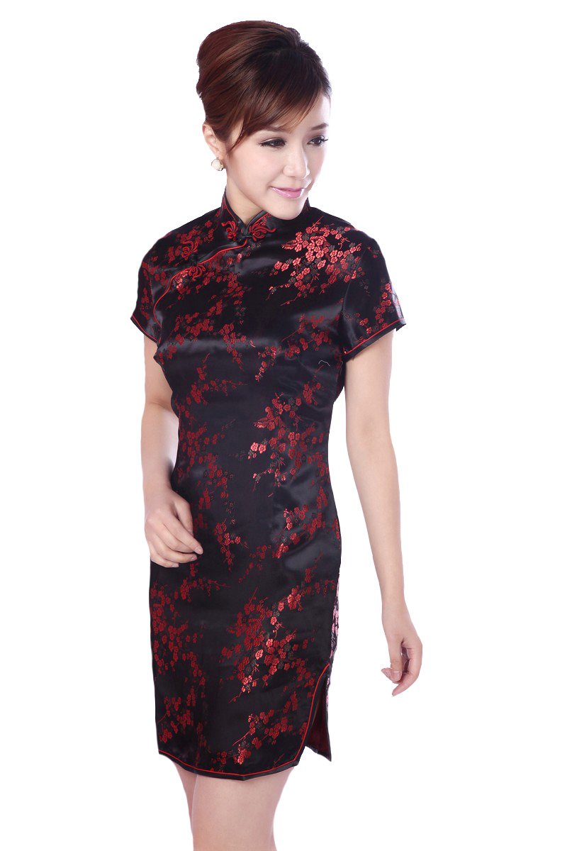 JTC Plum Blosson Pattern Brocade Chinese Mini Dress Women's Qipao Cheongsam (UK 14-16/Label Size 42, Black)