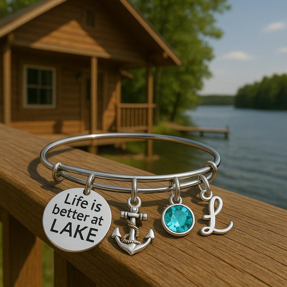 Personalized Life is Better at The Lake Nautical Bracelet with choice of Initial and Birthstone charm, Lake Jewelry, Gift for Lake Girls - Image 3