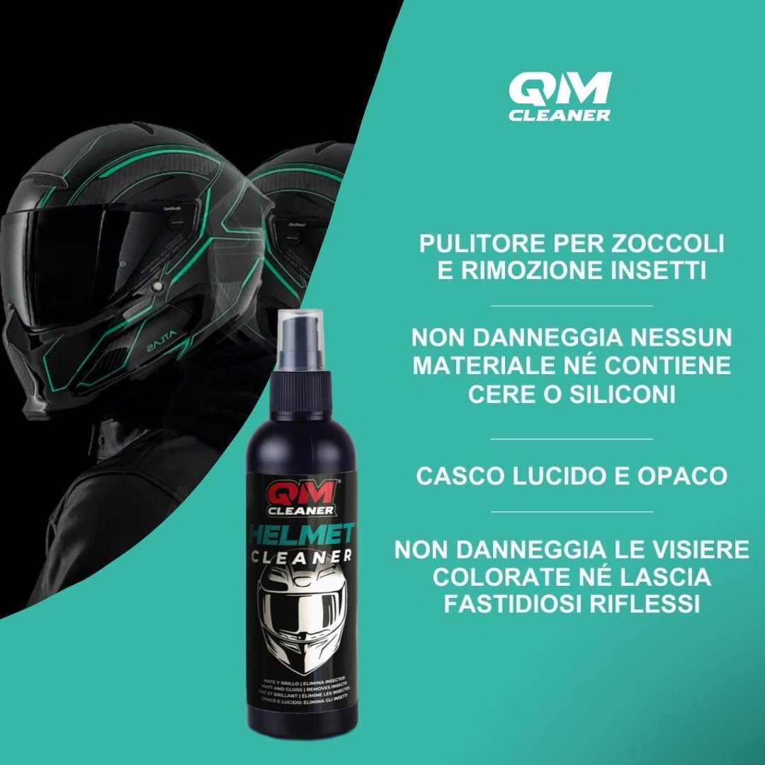 QM Cleaner - Moto e casco Kit | Per la pulizia e la cura della moto e del casco - Include prodotto per bici totale da 500 ml, rimozione di insetti per casco da 200 ml e 2 microfibre