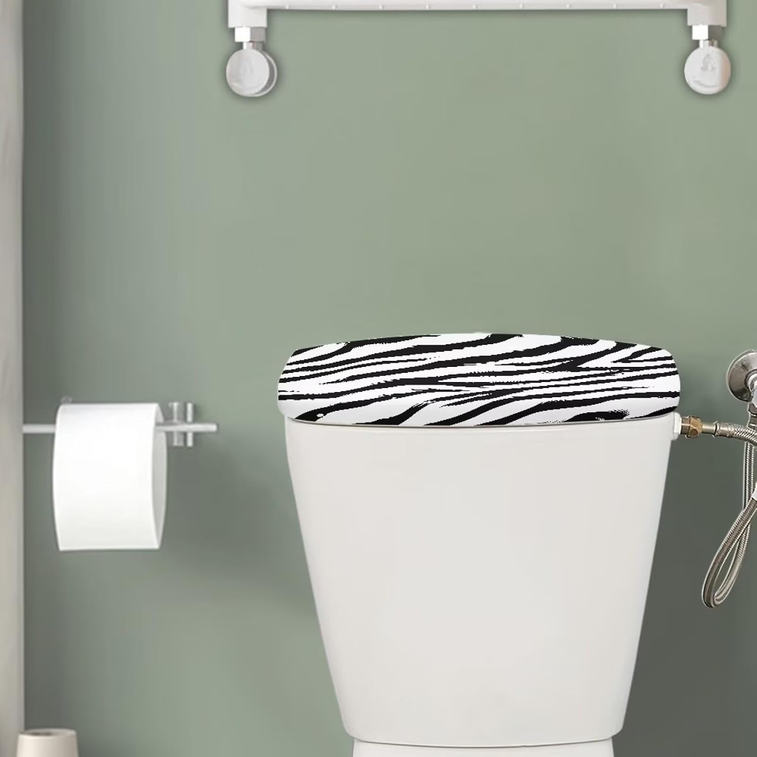 Zebra Stripes Printed Toilet Tank Lid Cover with Elastic Edge, Dust-Proof Easy Cleaning Toilet Tank Cover Replacement for Bathroom, Black and White