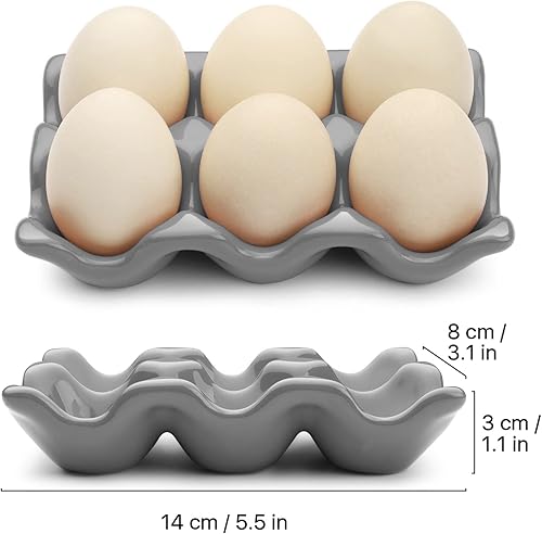 Miniatura 7 de Flexzion Bandeja de cerámica para 6 tazas, media docena de huevos de porcelana, contenedor organizador de almacenamiento decorativo para servir