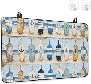 Stove Top Covers for Electric Stove, Blue Coastal Induction Cooktop Cover Protector, Ocean Nautical Anchor Wood Barn Beach Range Mat for Glass Top Stove, Dish Drying Mat Kitchen Countertop, 28"x20"