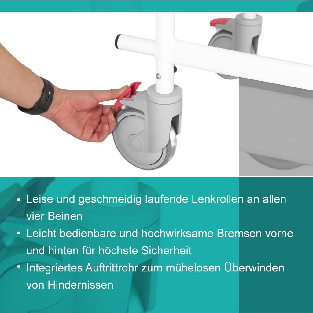Akriva fahrbarer Toilettenstuhl aus Aluminium - Mobiler Nachtstuhl mit gepolsterter Sitzfläche und Eimer - Toilettenrollstuhl - Zimmerrollstuhl (Feste Sitzhöhe)