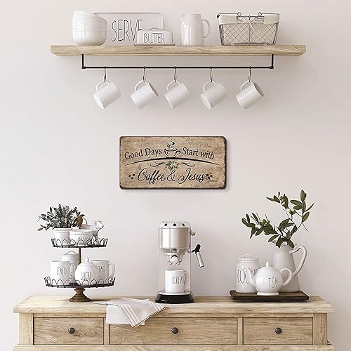 Miniatura 4 de Placa rústica de madera para colgar en la pared, buenos días comienzan con café y Jesús, decoración de barra de café