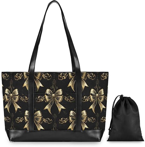 Miniatura 2 de Bolso de mano moderno con lazo vintage en negro y dorado para mujer con cremallera, bolsa grande para gimnasio con artículos esenciales de viaje,