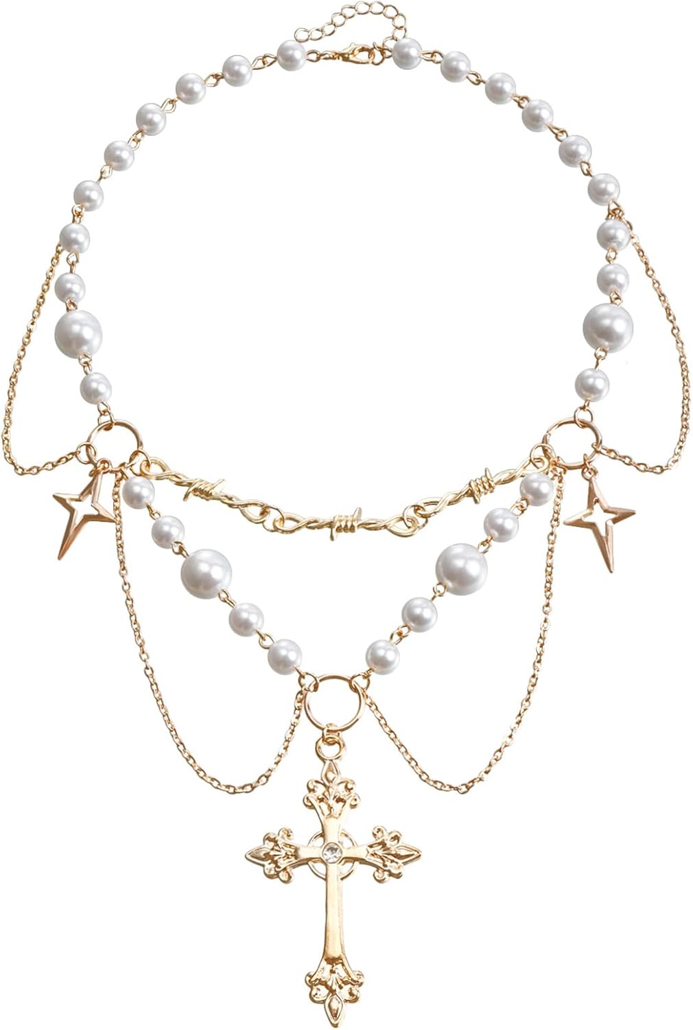 Dreuyet Gothic Pearl Cross Necklace for Women Chic Coquette Aesthetic Baddie Irregular Pearl Cubic Zirconia Cross Pendant Necklace Vintage Y2K Layered Statement Choker Bride Wedding Prom Dress Jewerly
