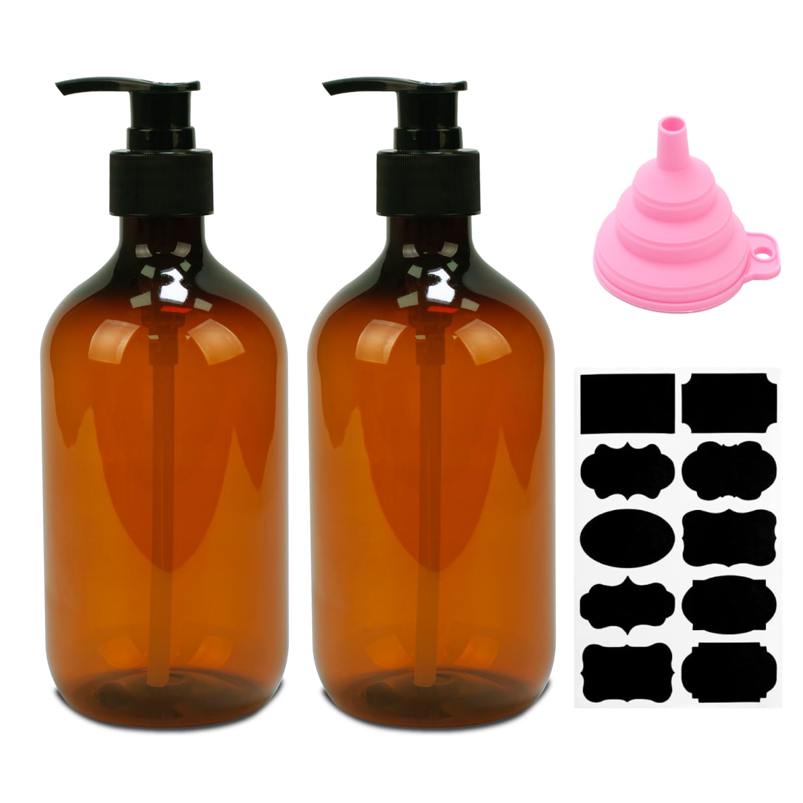 2 Pcs Bathroom Soap Dispenser, 500 ml Kitchen Soap Dispenser with Pump, Bottles for Gel and Shower Shampoo, Liquid Soap Dispenser for Kitchen and Bathroom Shampoo Funnel and Labels (Brown)