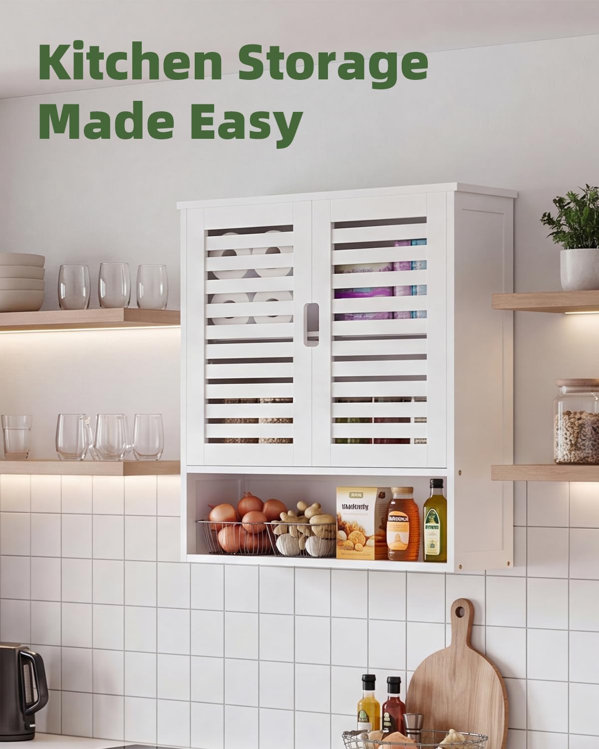 SMIBUY Armadietto da bagno montato a parete, organizzatore di stoccaggio sopra il water in bambù, armadietto medico salvaspazio con 2 porte e ripiani regolabili (Bianco)