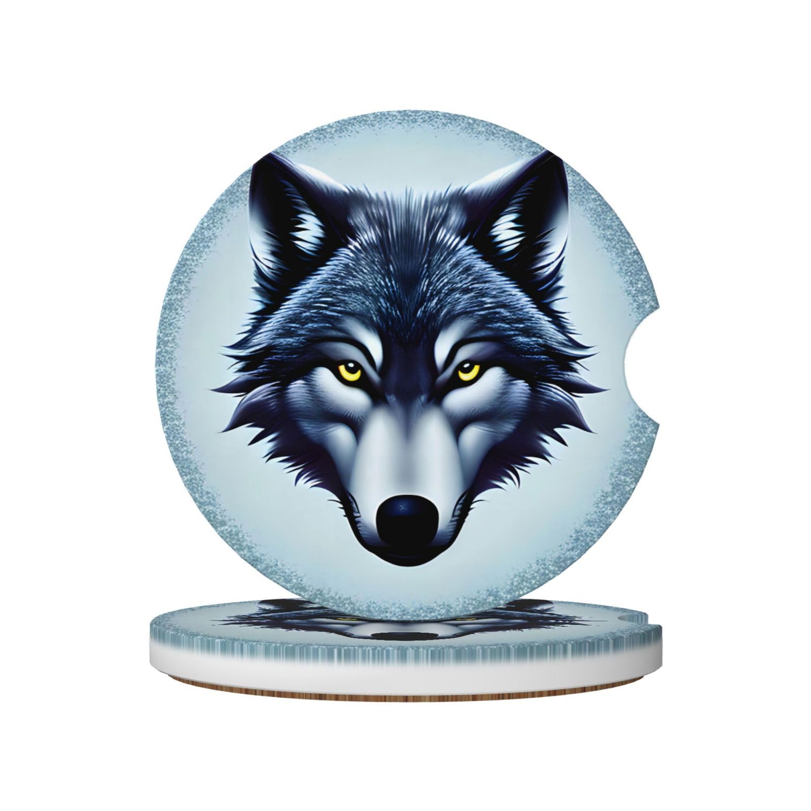 Fierce Wolf Head Printed Ceramic Car Cup Coasters (2 Pack), Suitable for car Cup Holders, 2.56 inch Diameter