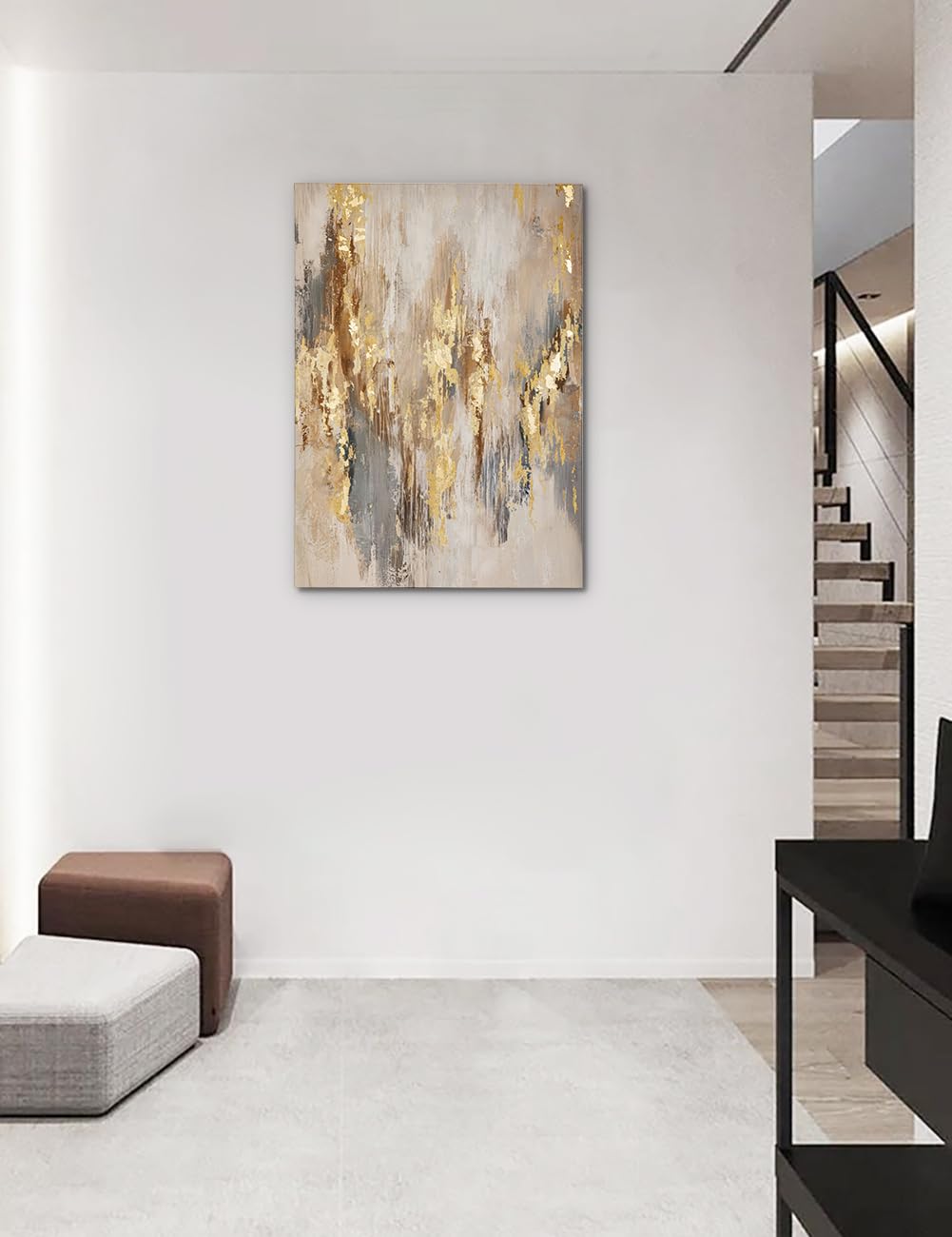 Grande peinture sur toile 70 x 50 cm - Structures dorées - Art abstrait exquis sur fond neutre - Décoration murale pour la maison, l'hôtel, le bureau