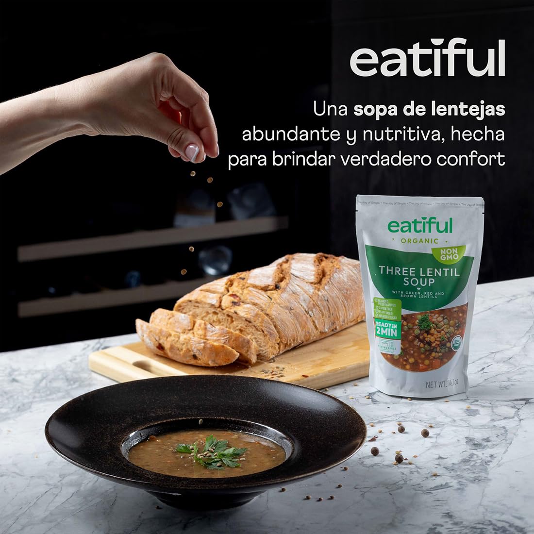 EATIFUL Sopa de Lentejas, Elaborada con Verduras Orgánicas, Sopa con Lentejas Verdes, Rojas y Marrones, Sin Conservantes ni Azúcares Añadidos, Sin Gluten, NO GMO, 400g (Paquete de 5)