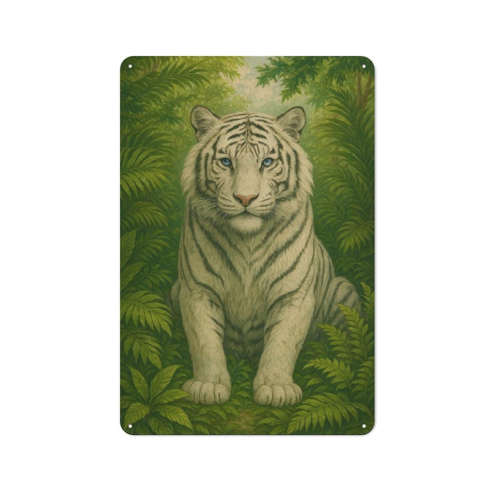 Junmoney Style-20 Vintage Tin Sign 30X20cm With White Tiger In Jungle Painting For Garage Or Workshop, For Metal Sign Collectors, For Cafés, Pubs And Restaurants