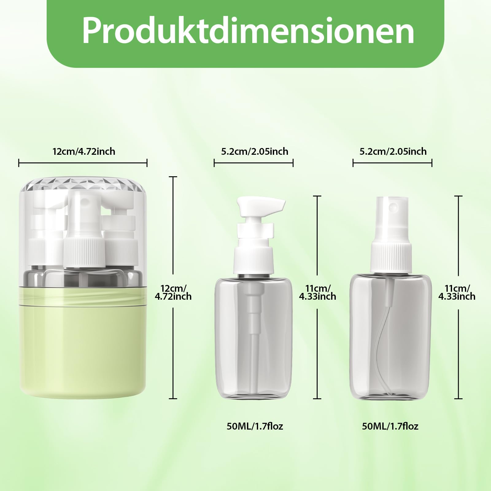 Flacon Voyage 4 en 1 Rechargeable Vert 50ml, Kit Avion Étanche Anti-Fuite avec Étiquettes, Contenant Polyvalent pour Voyage et Bureau (Vert)