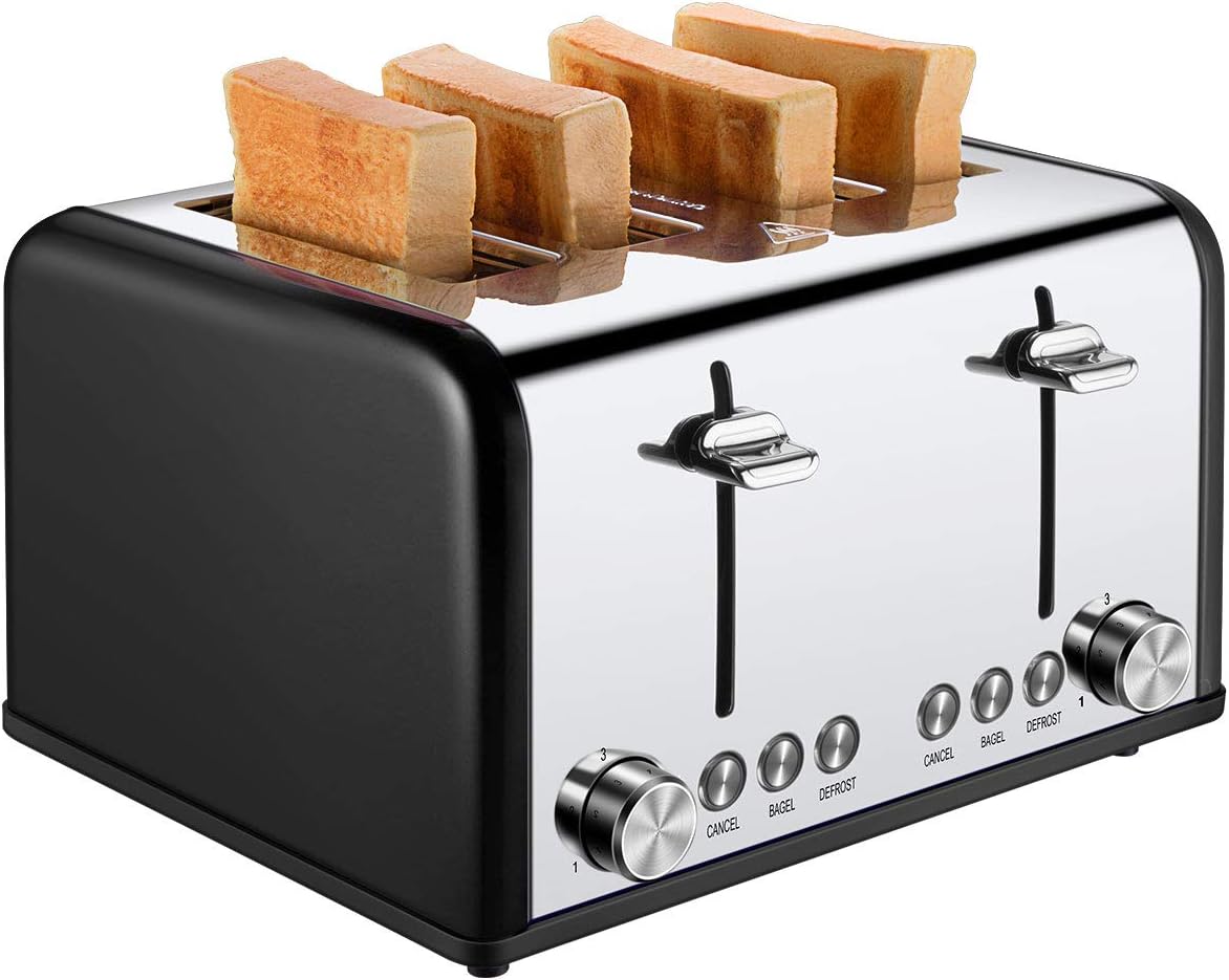 4 Slice Toaster, CUSIBOX Commercial Stainless Steel Toaster Extra Wide Slots with Bagel Defrost Cancel Function, 6 Bread Shade Settings, Removable Crumb Tray, 1650W, Black