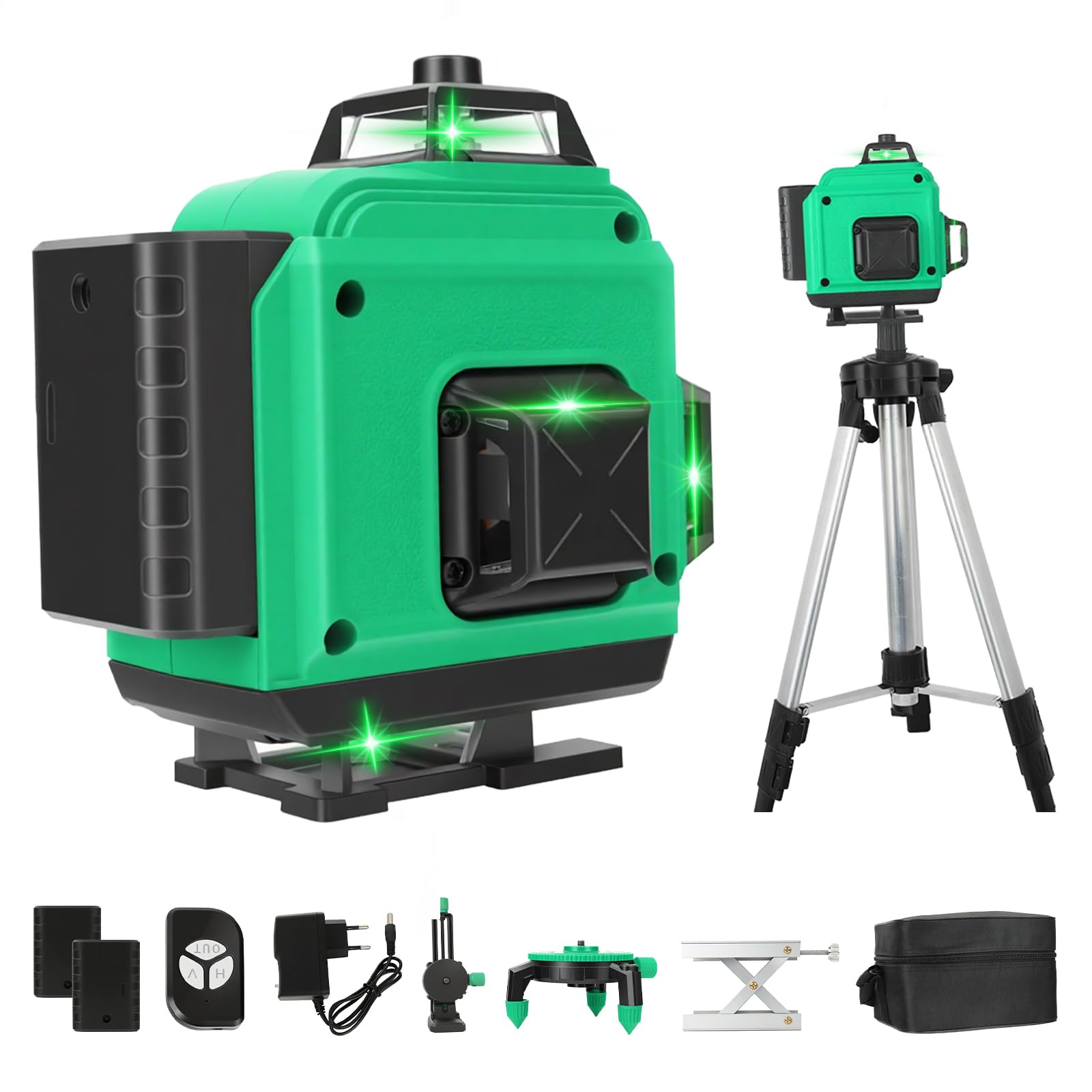 Kreuzlinienlaser mit Stativ, Multifunktionaler 4D-Laser mit 16 Linien,laser wasserwaage mit stativ, USB-wiederaufladbares Lithium-Batterie-Nivelliergerät mit,2 * 2400 mAh Batterien Green