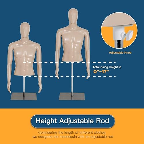Miniatura 3 de Maniquí de torso masculino Forma de vestido de maniquí de 39 a 56 pulgadas de altura ajustable vestido de costura modelo brazos desmontables,