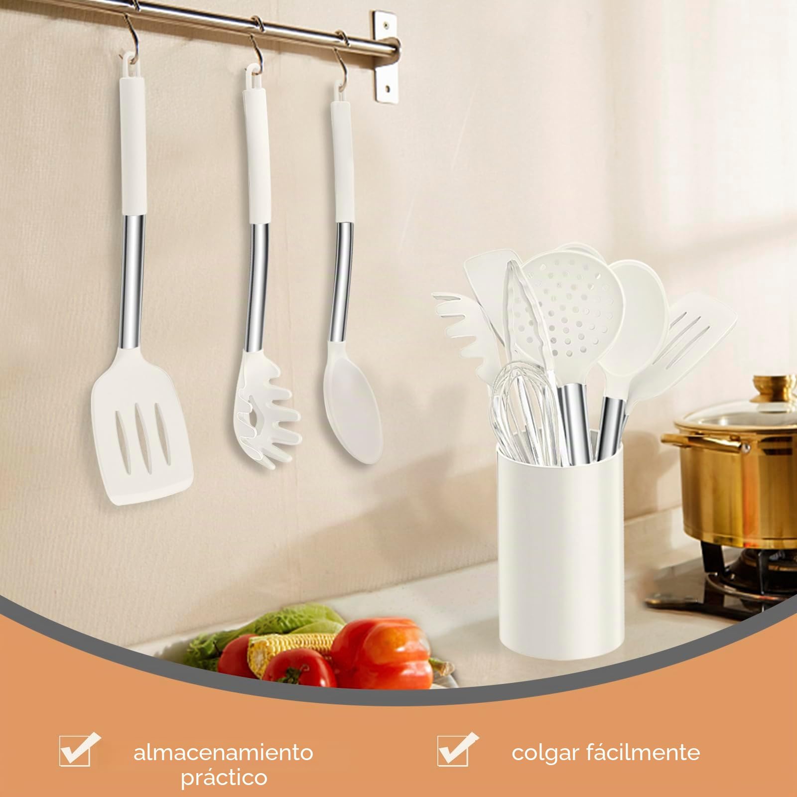 Homikit Juego de utensilios de cocina de silicona, 10 piezas con mango de acero inoxidable, antiadherente, con soporte para utensilios, color blanco