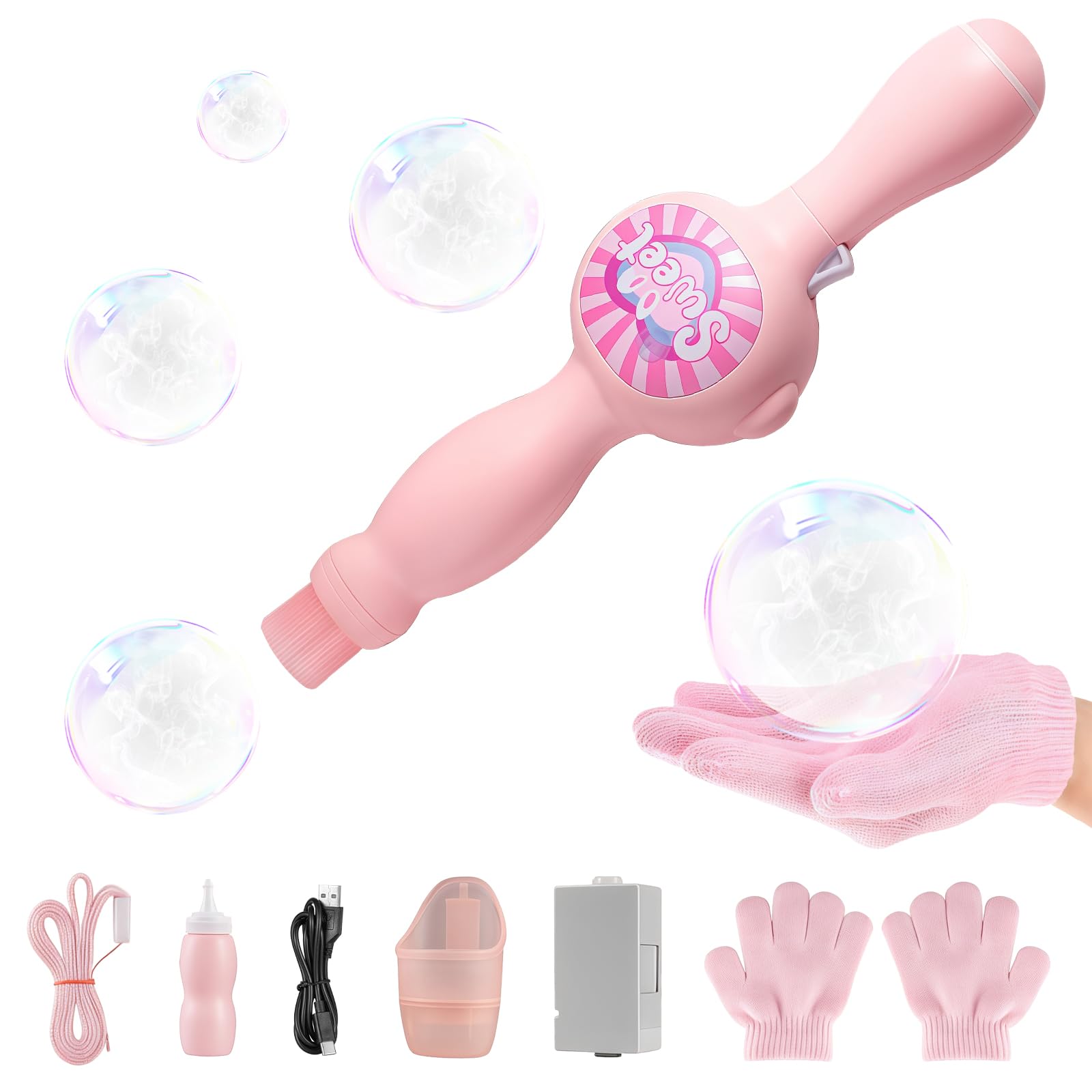 Fog Bubble Machine,Elastic Smoke Bubble Machine,Rechargeable Automatic Smoke Bubble Maker,Colorful Lights & Music,Magic Fog Bubble Wand Summer Christmas Birthday (B-Pink)