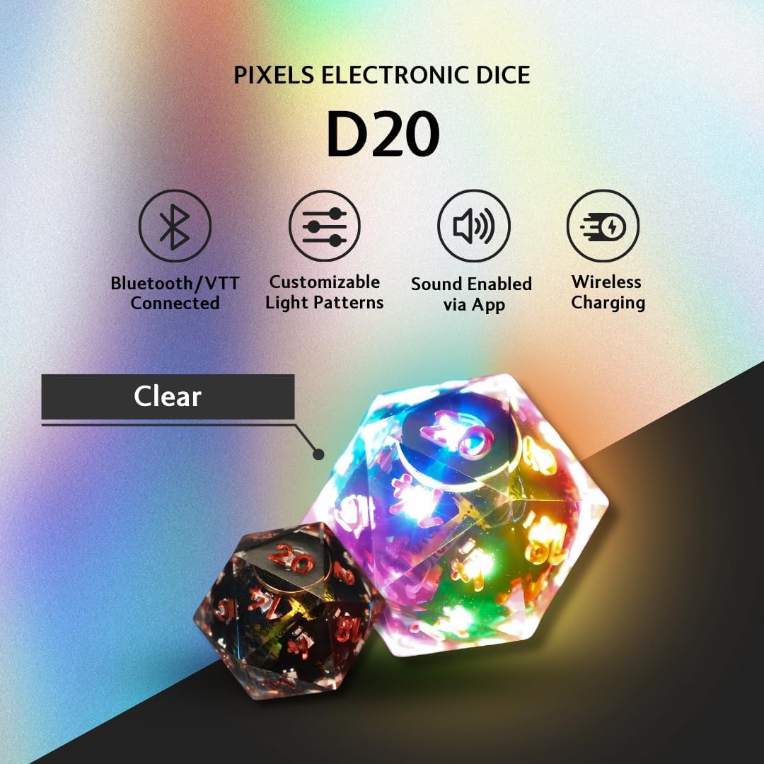 Pixels Electronic Dice - D20 (Clear) - RGB Polyhedral Dice, App-Controlled Light Patterns & Audio, Wireless Charging, Quality Resin, VTT Connectable via Bluetooth, for Role Playing Games Like DND!