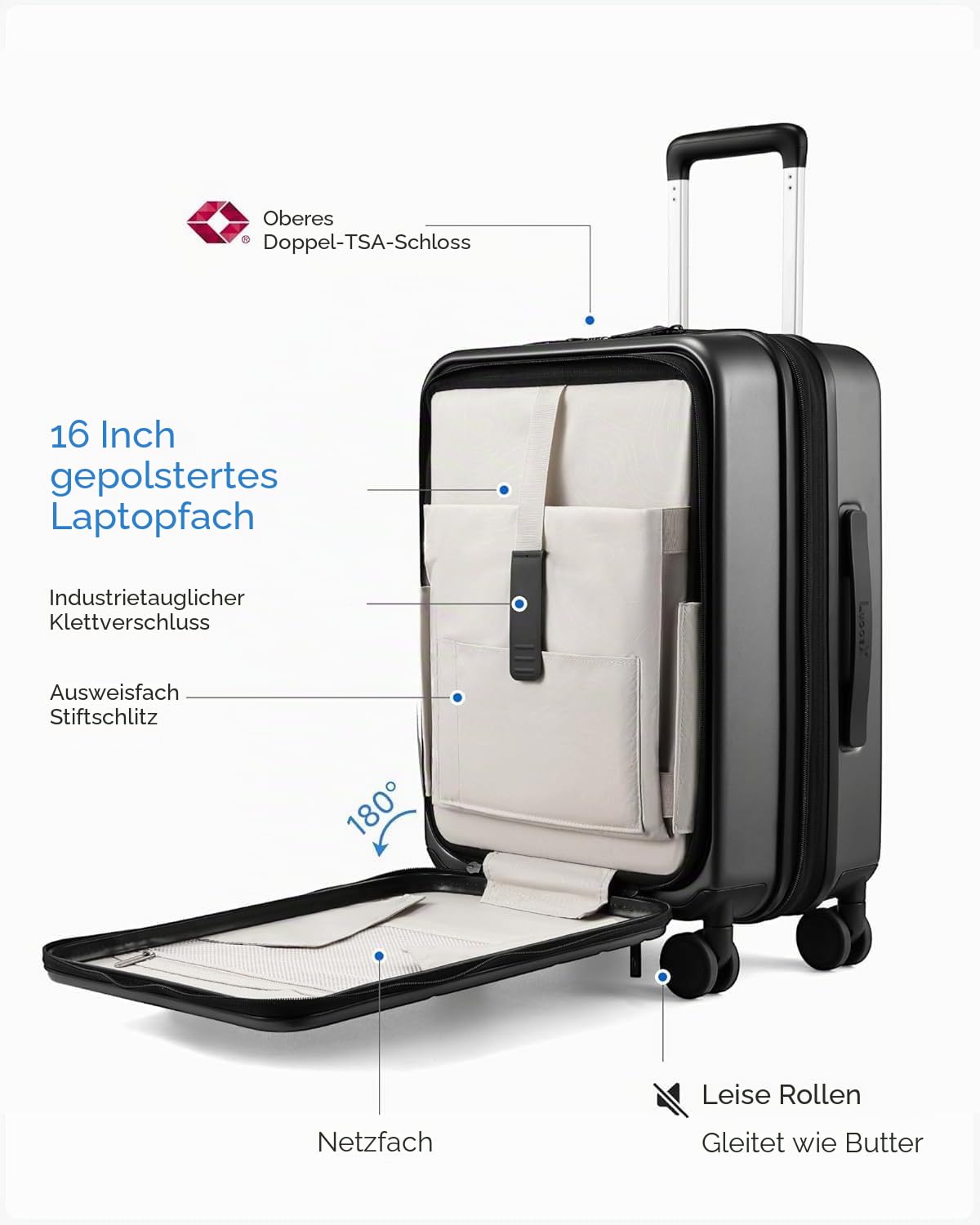 LUGGEX Koffer Trolleys mit Laptopfach, Erweiterbarer Koffer Klein Stabil Hartschalenkoffer Reisekoffer aus Polycarbonat mit 4 Rollen, TSA Schloss (Schwarz, 55,9 × 38 × 24 cm, 38-42L)