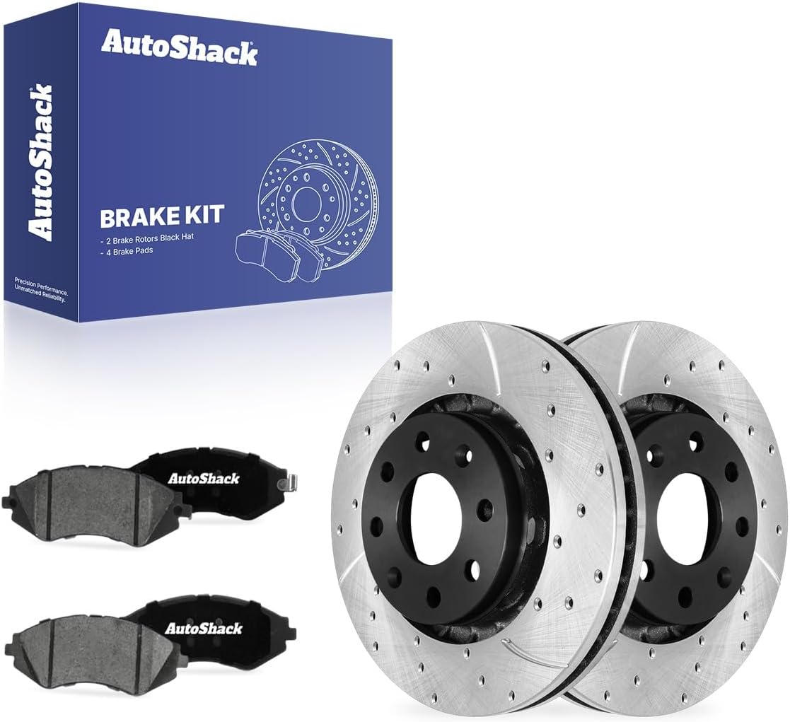 AutoShack Front Vented Drilled & Slotted E-Coated Brake Rotors + Ceramic Pads 6-PC Brake Kit Replacement for 2013-2015 Chevrolet Spark 2004-2011 Chevrolet Aveo ShadowGuard 10.04" (255 mm)