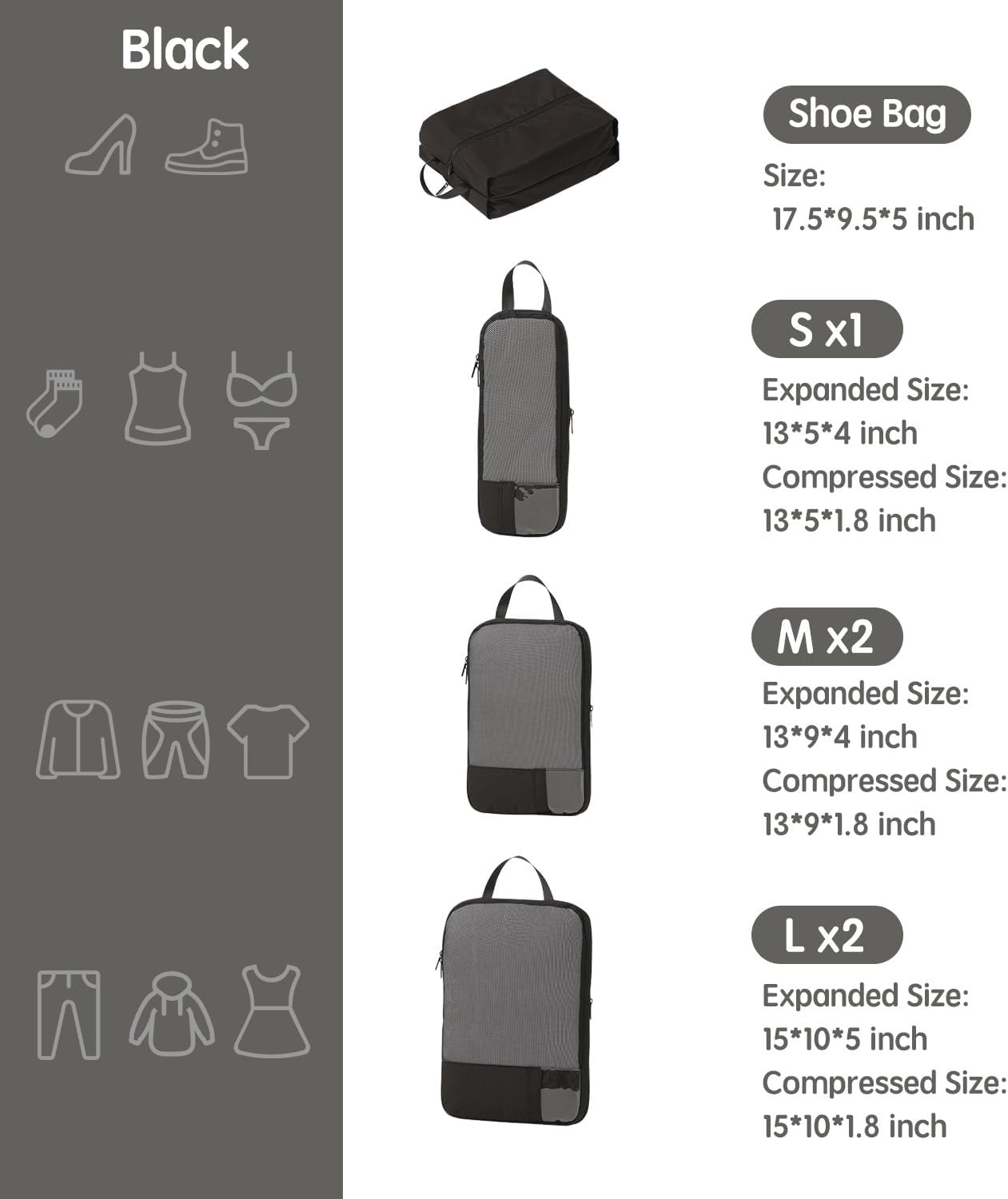 Compression Packing Cubes for Travel, 6 Set Expandable Lightweight Packing Cubes Organizer Bags for Suitcase & Carry On, Durable Luggage Organizer Travel Essentials (Black)
