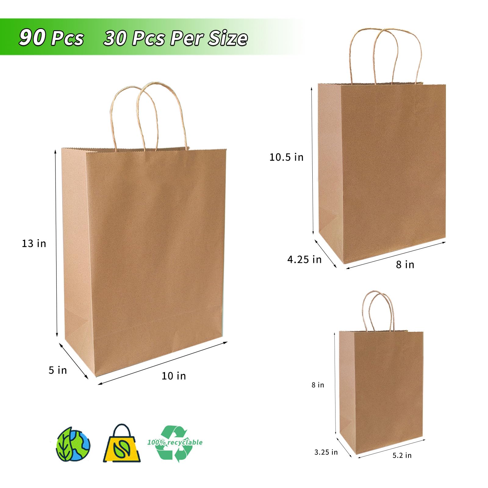 vanhel Paquete de 90 bolsas de papel kraft con asas, bolsas de regalo de varios tamaños, bolsas de papel kraft a granel, maleza, cumpleaños, regalos, fiestas, bolsas de mercancía al por menor