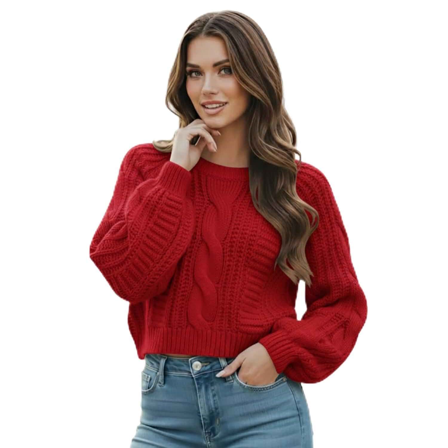 Women's Cropped Cable Knit Sweater, Soft and Warm Long Sleeve Pullover, Casual Knit Top for Fall Winter Adult · Regular