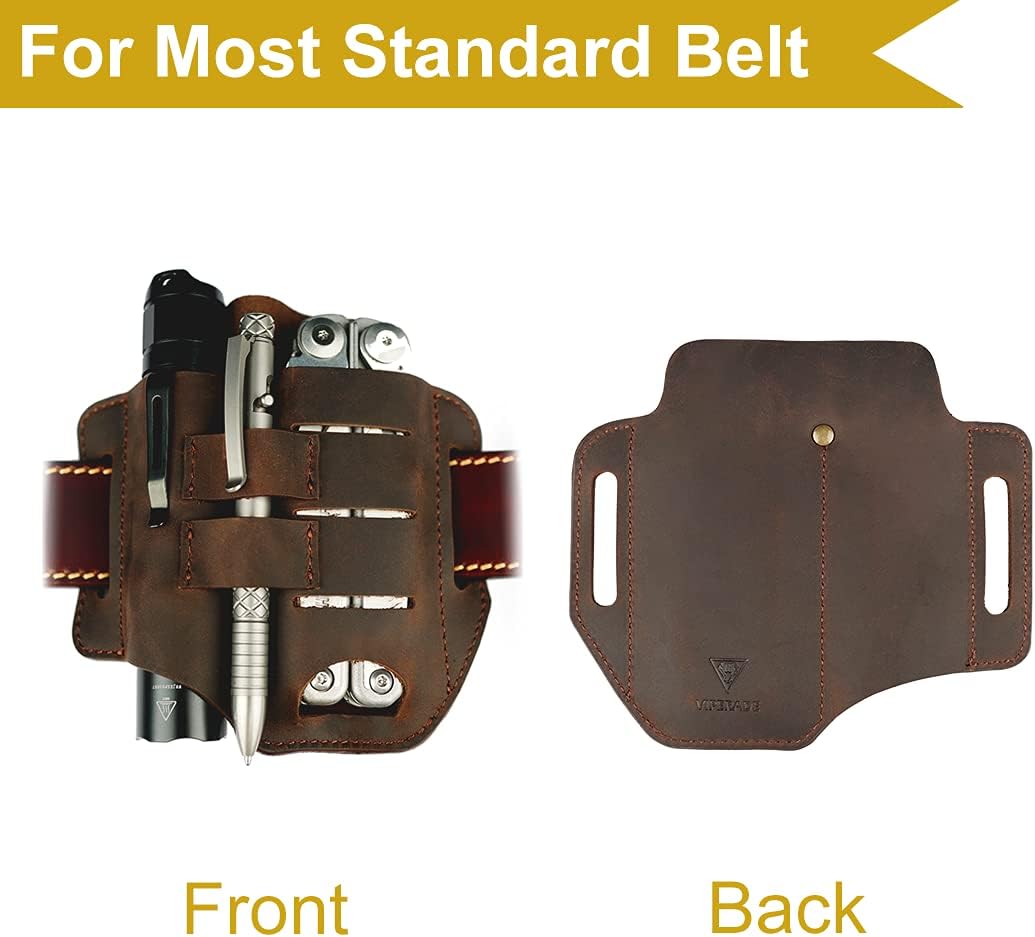 VIPERADE PJ13 EDC Leather Sheath, Knife Belt Sheath/Leather Flashlight Holster/for Leatherman Multitools Sheath, Handmade 3 Pockets Organizer Sheath for Knives/Flashlights/Tactical pens/Tools (Brown) - - 