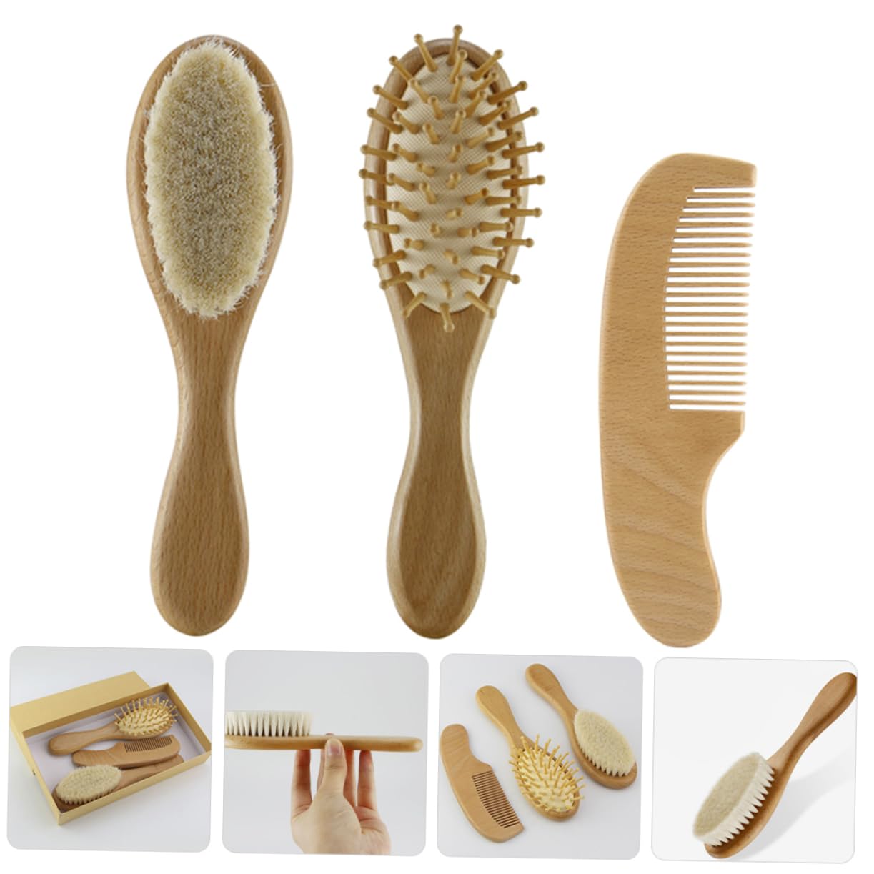 GOOHOCHY Infant Hair Brush Set Soft Wool Brush Wooden Comb for Baby's Gentle Scalp