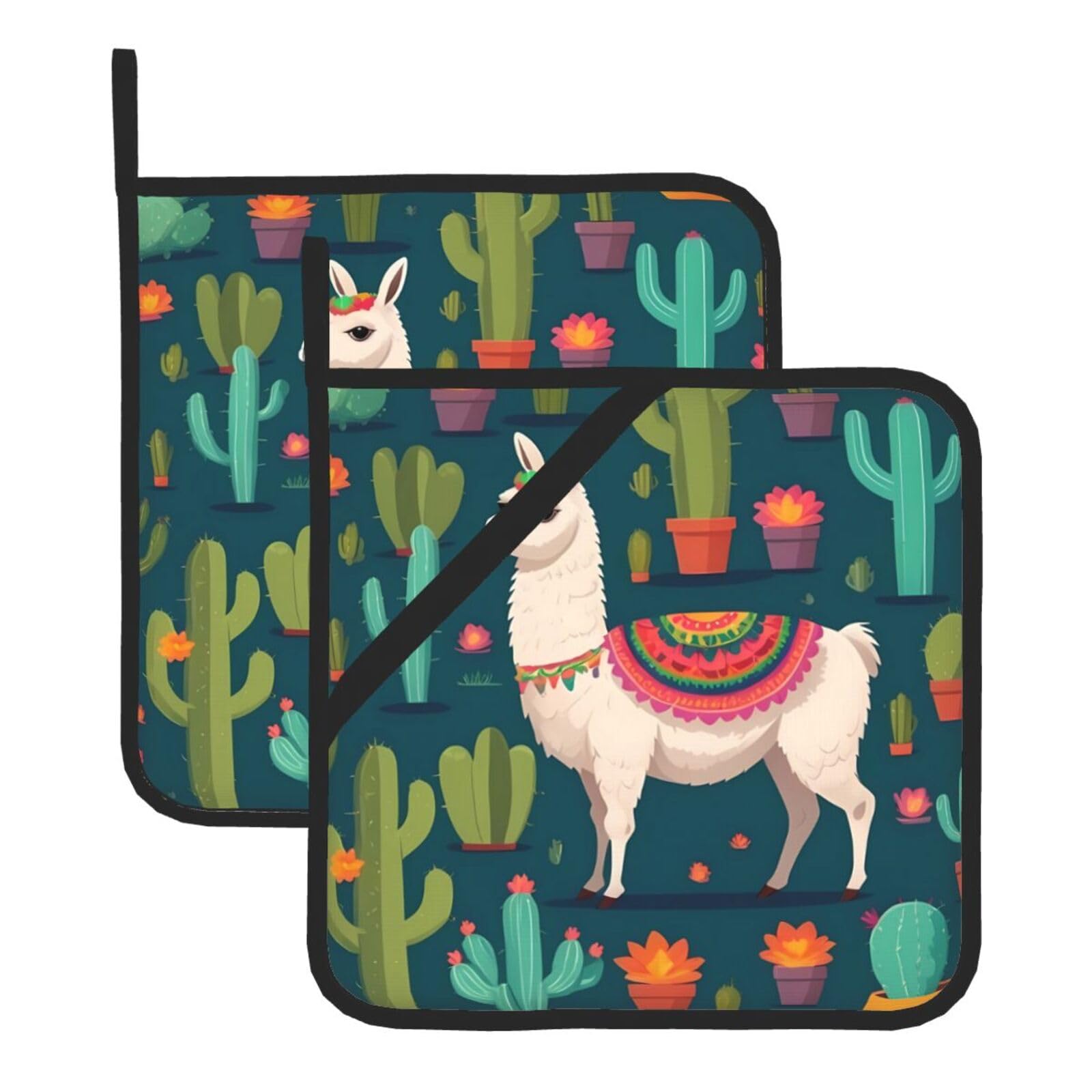 HJFCZH Mexican Llama Cactus Printed Square Insulated Pot Mat Set (2-Piece) 8x8in Waterproof, Thickened & Easy to Clean with Lanyard Design for Kitchen, Oven & BBQ
