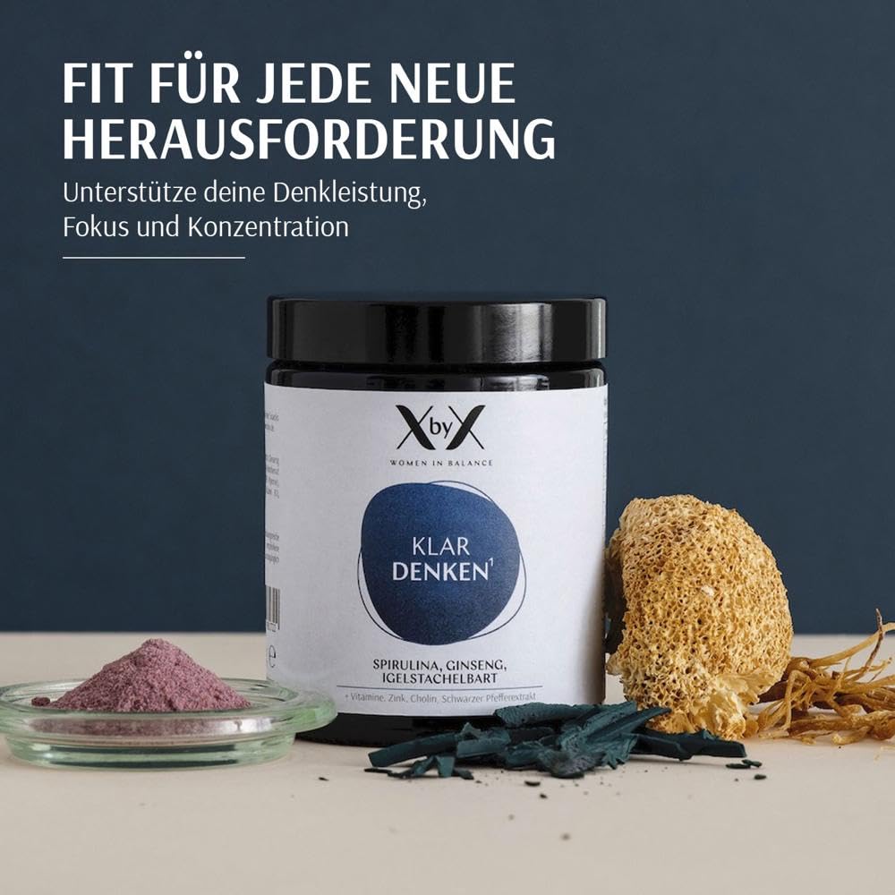 XbyX Klar Denken 90 g | 30 Portionen | Unterstützt Denkleistung, Fokus und Konzentration | Enthält Adaptogene Ginseng, Igelstachelbart & Spirulina | B-Vitamine, Cholin und Zink | Aus Deutschland