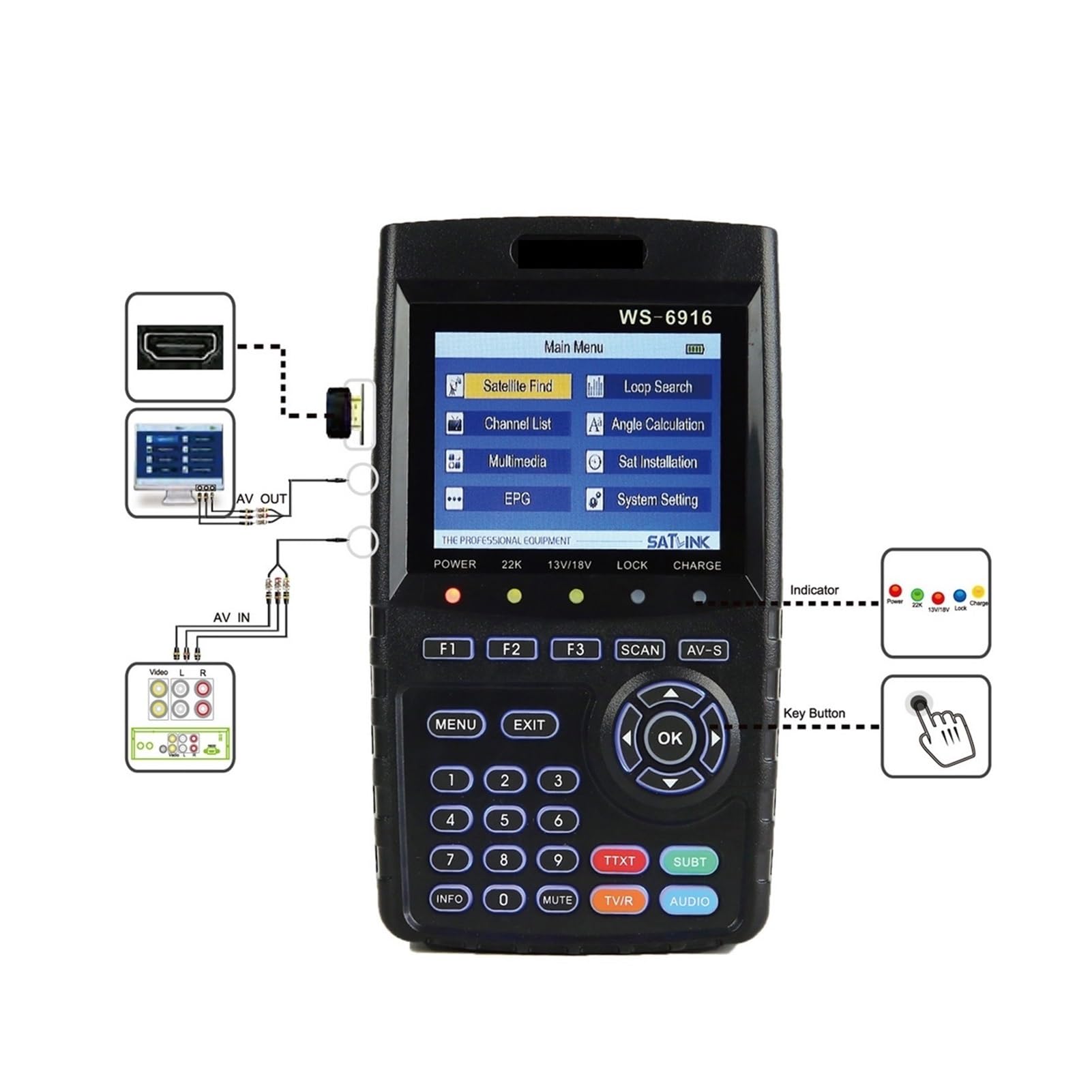 Cercatore satellitare, WS-6916 Misuratore di rilevamento satellitare digitale TV HD del segnale da 3,5 pollici