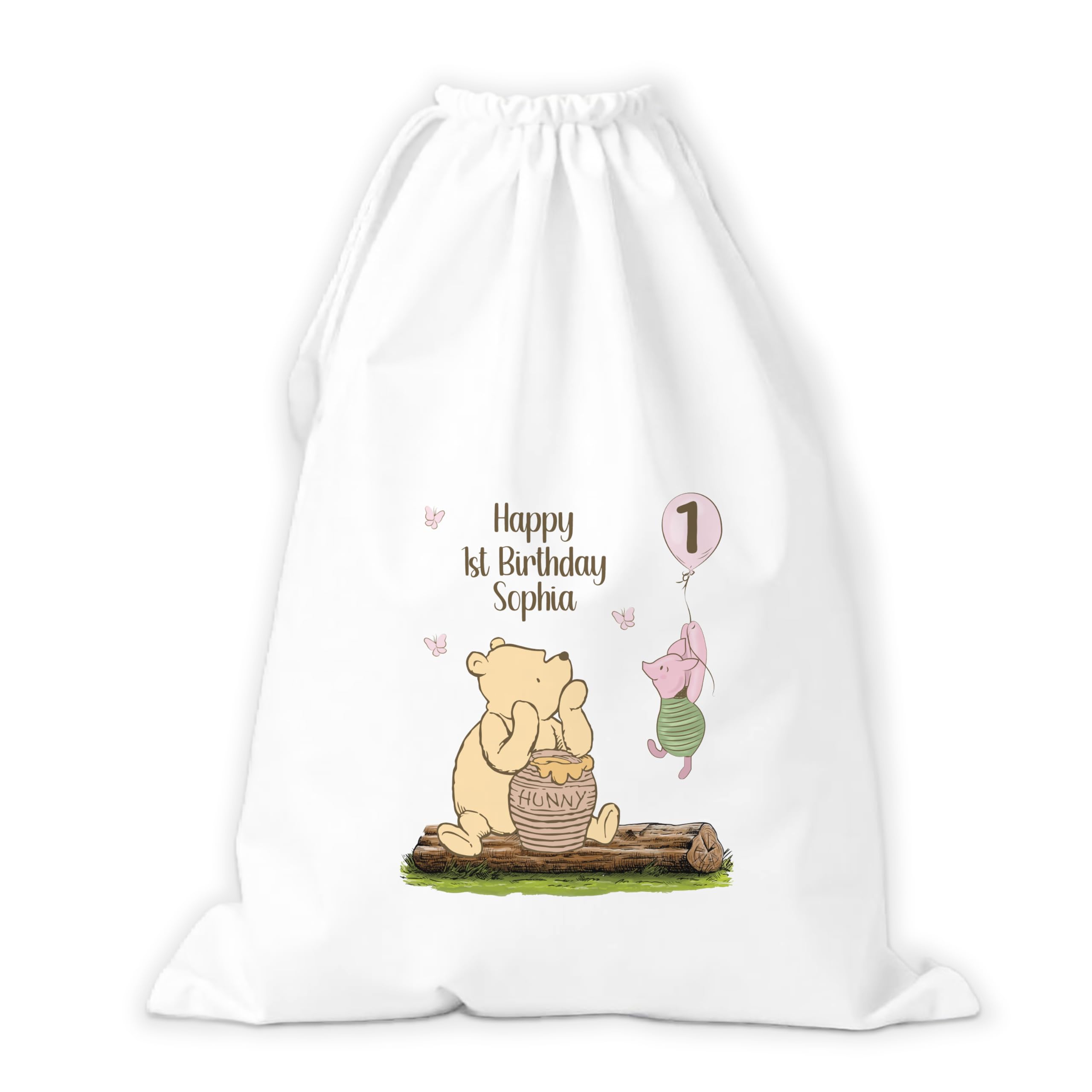 Personalised Birthday Sack. Winnie the Pooh | Gift Sack | Drawstring Gift Bag | Reusable | Small or Large | 1st Birthday, 2nd, 3rd, 4th | Pink or Blue design Cute | Custom Present Wrap