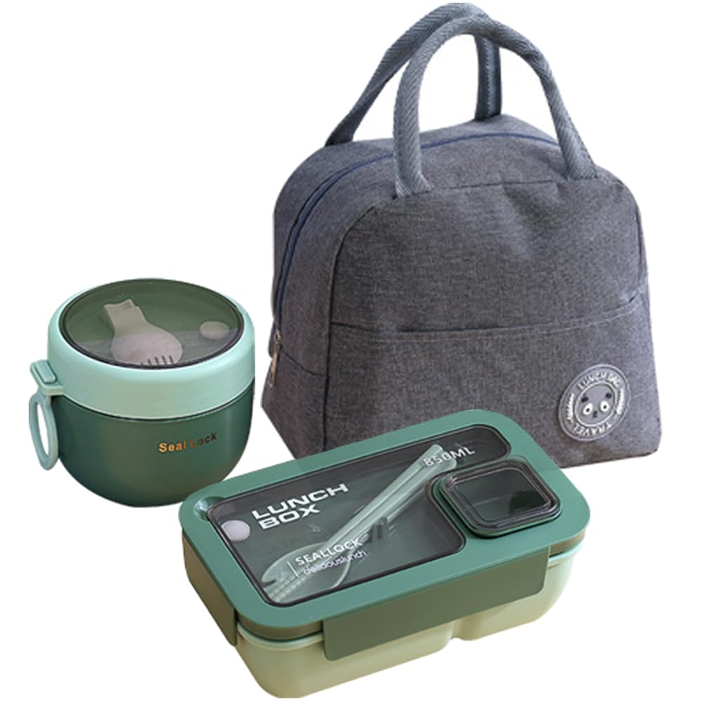 Bento Box for Adults, Bento Boxes Set with Bag, Utensils, Oats Container Durable Leakproof Lunch Box with Fork & Spoon, Food Storage Box for Men Women Student School Office