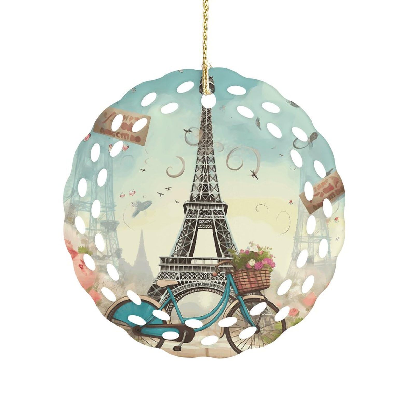 Fodpand Women's Style Eiffel Tower Bike Ceramic Ornament For Home Decor 3.2" Round Tree Decoration Christmas Ornaments For Men Double-Sided Design