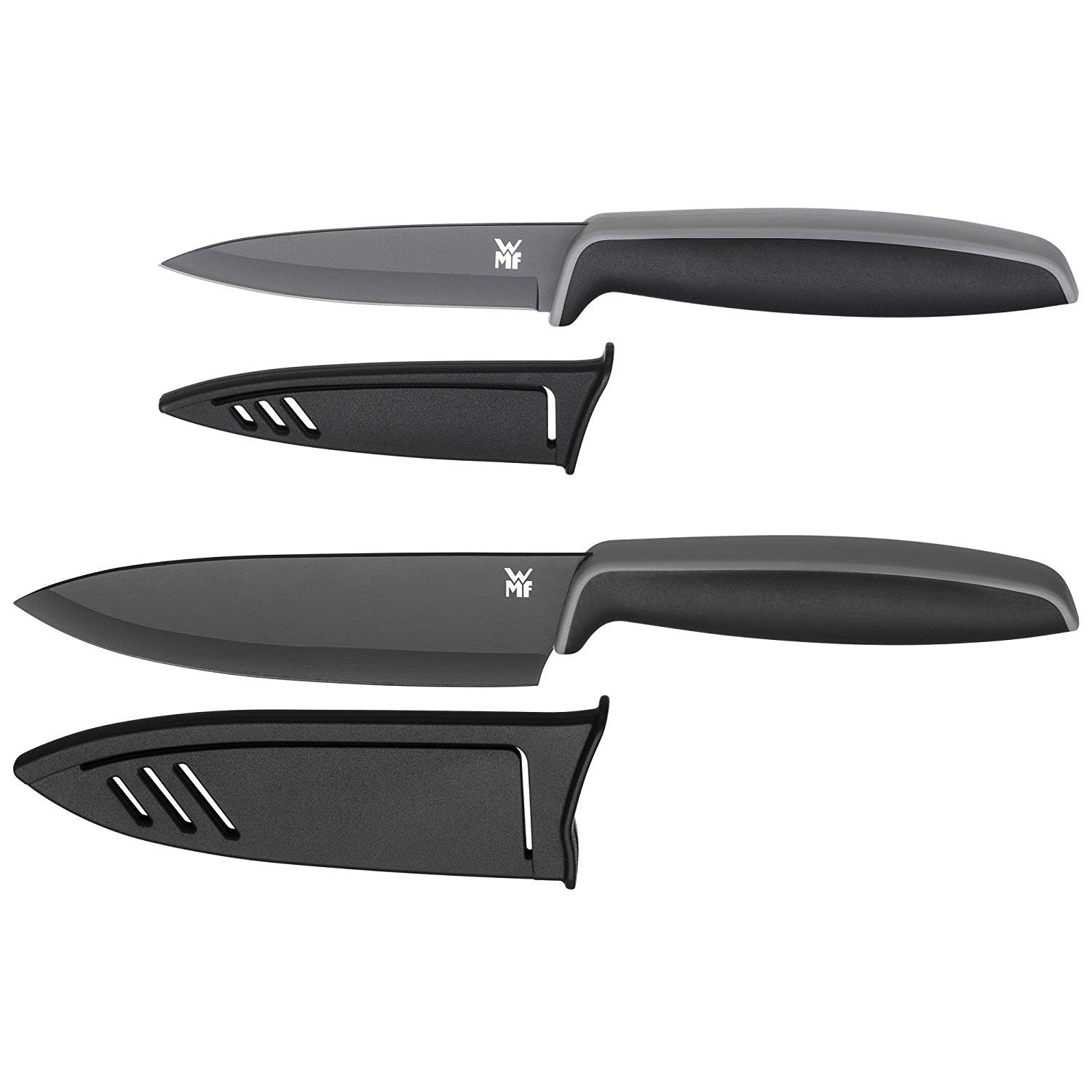 WMF Boston Edelstahl Besteck Set 6 Personen, Essbesteck Set 30 teilig, Monobloc-Messer & Touch Messerset 2-teilig, Küchenmesser mit Schutzhülle, Spezialklingenstahl antihaftbeschichtet, schwarz