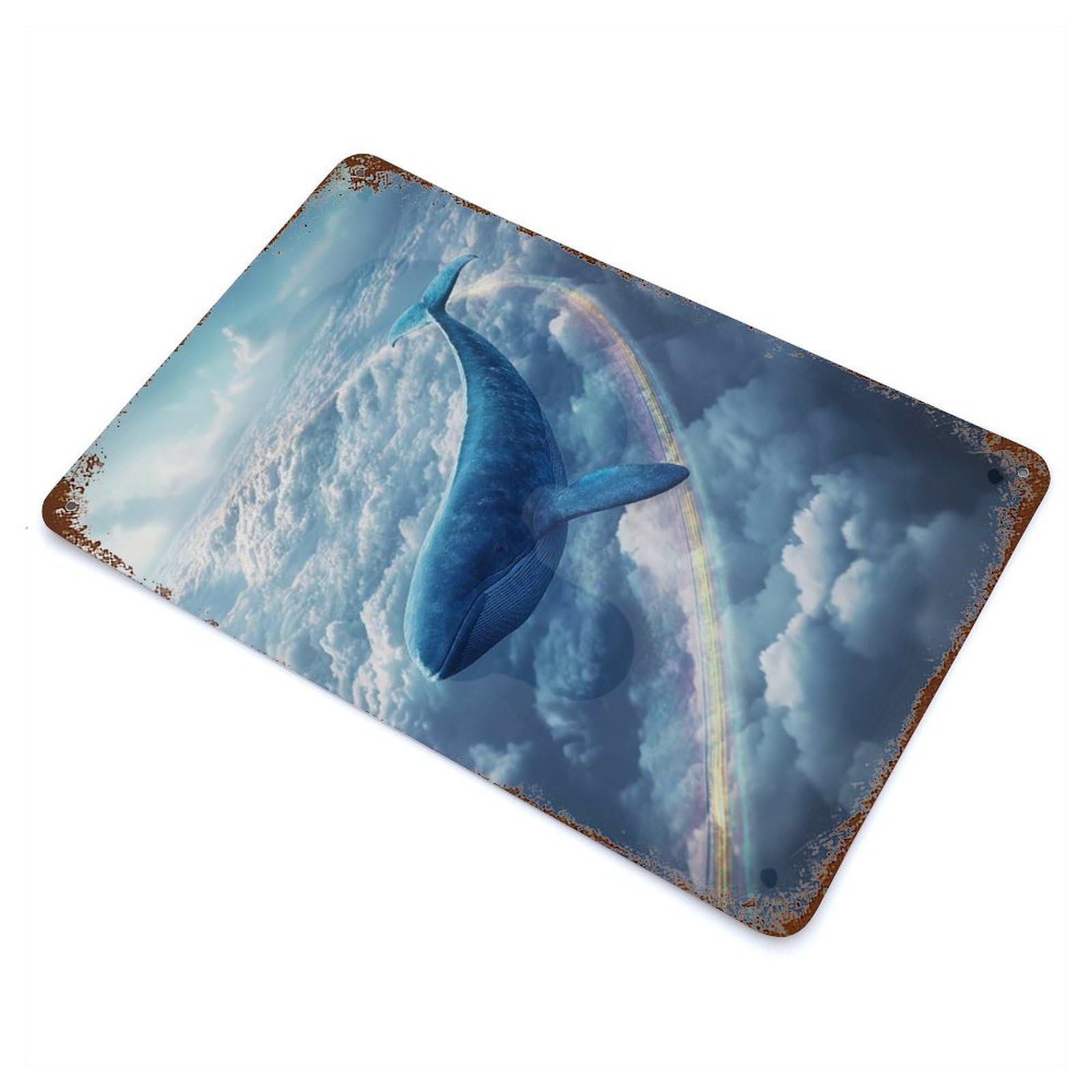 Whale Flying through Clouds with Rainbow 11.8"x7.9" Rust Effect Tin Sign, Industrial Home Decor for Living Room, Hallway And Home Decor