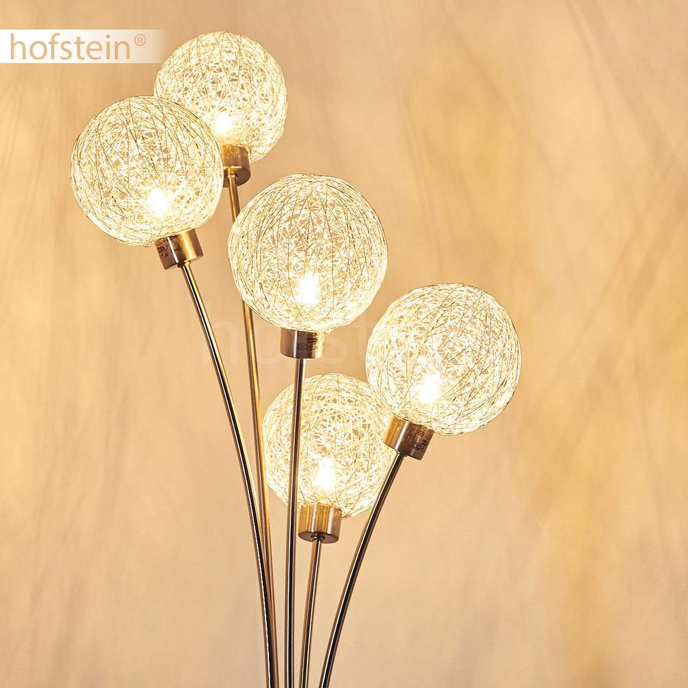 Lampada da terra Bernado dimmerabile all'infinito in nichel opaco/argento, G9, 5 globi metallici, lampada ad arco, soggiorno/camera da letto/corridoio, interruttore a pedale sul cavo, senza lampadine