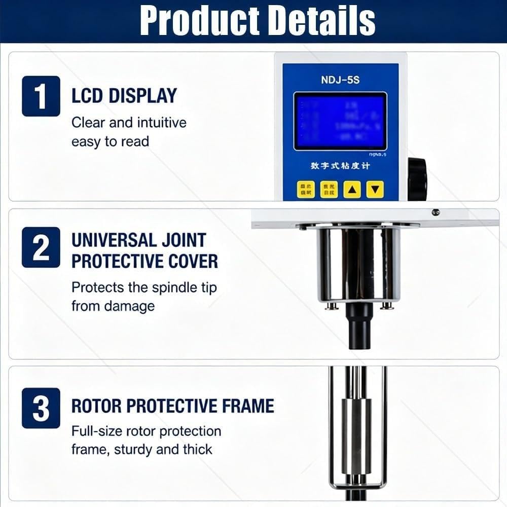 Viscosímetro rotacional digital con 4 rotores, ± 3% de precisión de medición, marco protector para pruebas de viscosidad de pintura en laboratorios industriales y de investigación