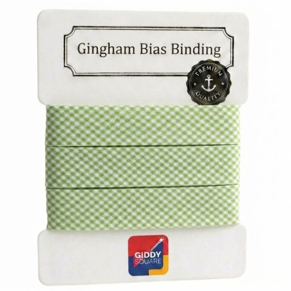 Premium Yarn Dyed Polycotton Gingham Bias Binding Tape 20mm Light Green Small Gingham 3m - Strong Smooth Hardwearing Woven Check Trim for Quiting & Garment Edging- Machine Washable - Giddy Square