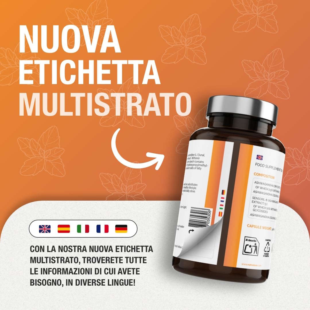 Ashwagandha Sensoril® 5:1 + Estratto 10:1 | 5250 mg al giorno | Concentrazione superiore al KSM-66 | Energia naturale, equilibrio emotivo e concentrazione | 120 capsule vegane.