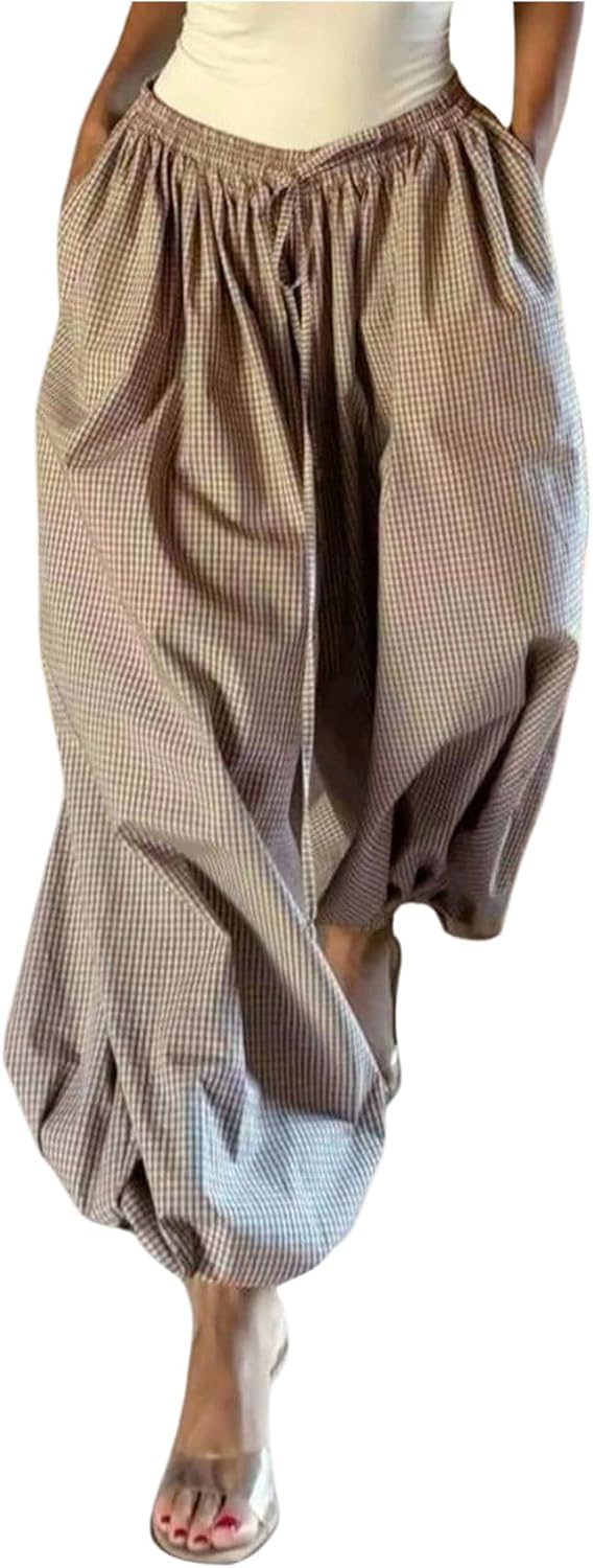 MakeMeChic Women's Plaid Baggy Wide Leg Pants Balloon Ruffle Harem Pants with Pocket