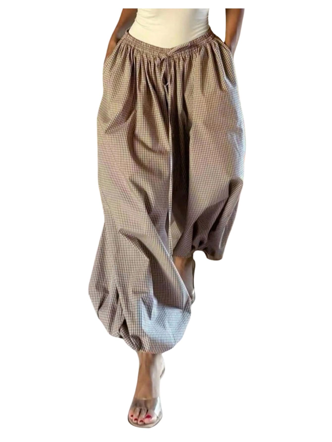 MakeMeChic Womens Plaid Baggy Wide Leg Pants Balloon Ruffle Harem Pants with Pocket